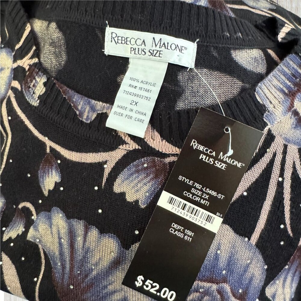 NWT REBECCA MALONE Black Blue Floral Rhinestone Lightweight Tunic Sweater 2X - Picture 3 of 5